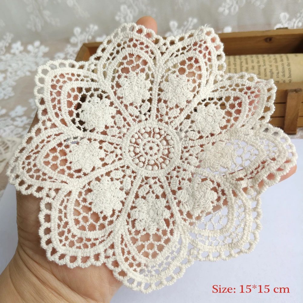 Beige Cotton Embroidery Lace Applique Patches Cloth Stick Mesh Fabric Children\'s Clothing Home Decor Sewing Accessories 24100901