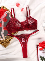 Two Piece Women's Fashion Mesh Splicing Flower Embroidery Red Elegant Underwear Set