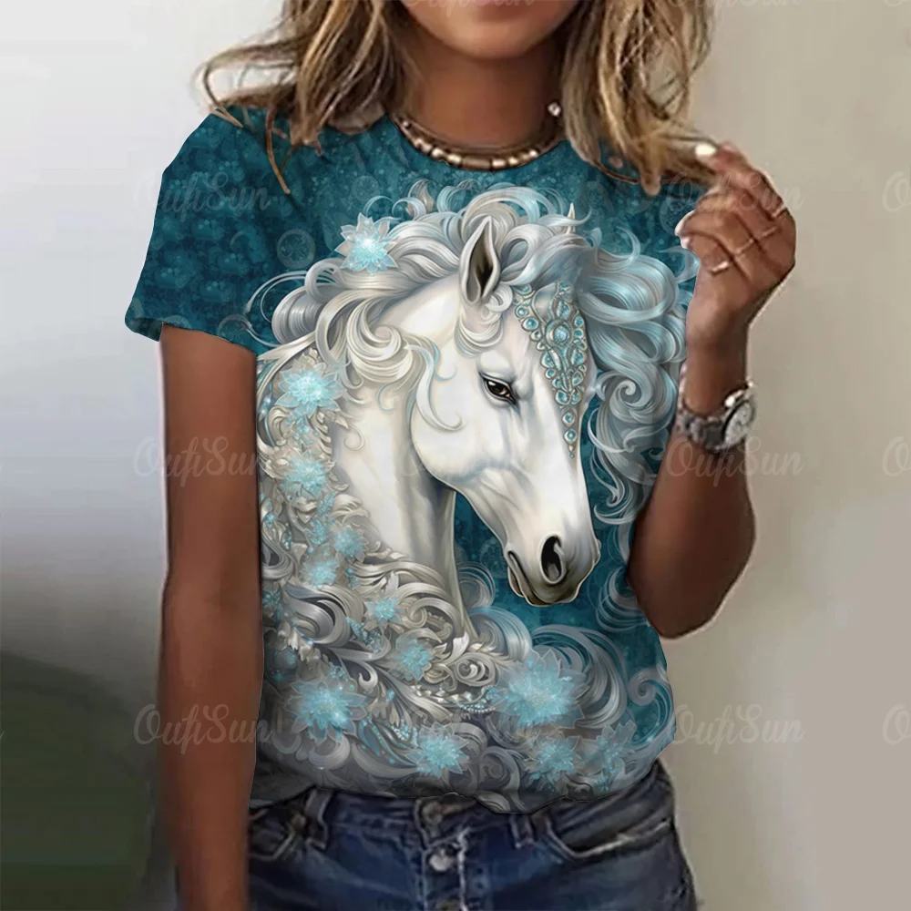 Summer Fashion Animal Gothic T-Shirt 3d Horse Print Women T-Shirts Short Sleeve O-Neck Hip Hop Tee Oversized Y2k Woman Clothing