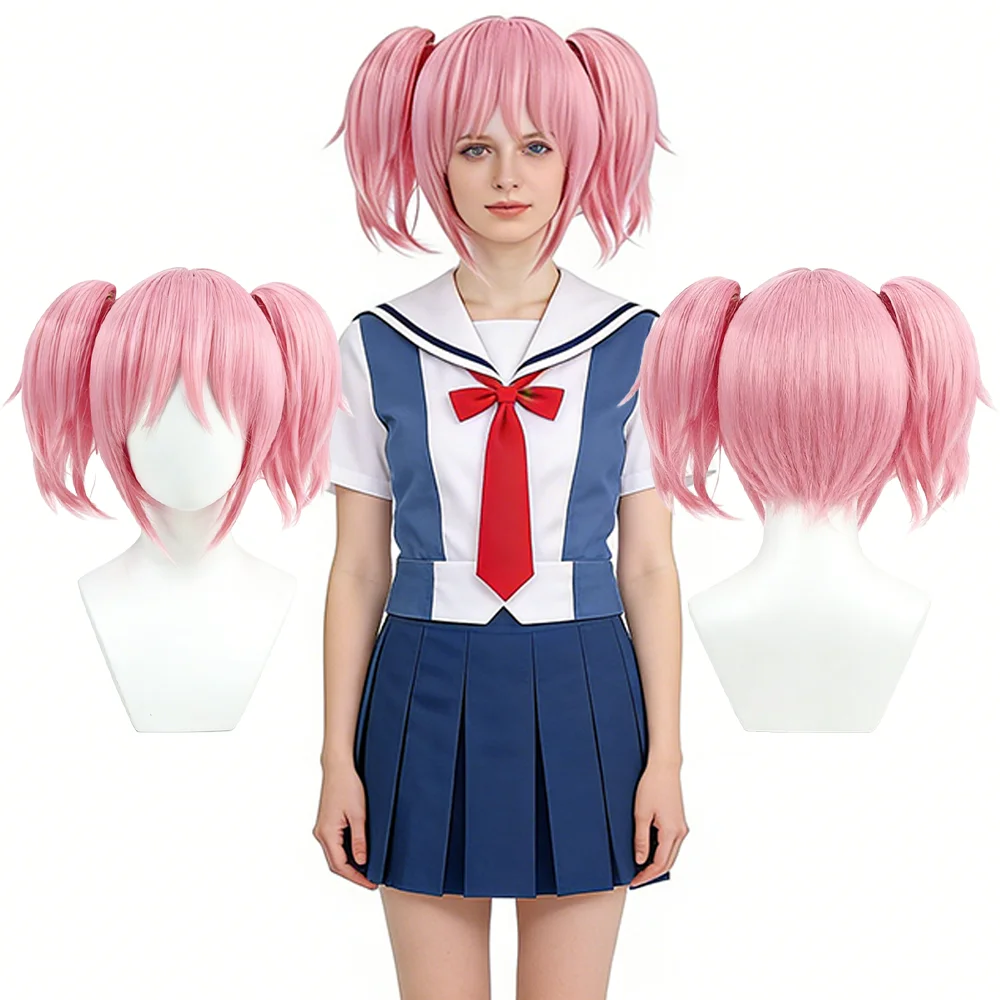 Madoka Kaname Cosplay Wig Pink Short Detachable Double Ponytail Heat Resistant Synthetic Anime Hair For Women Comic Con Party