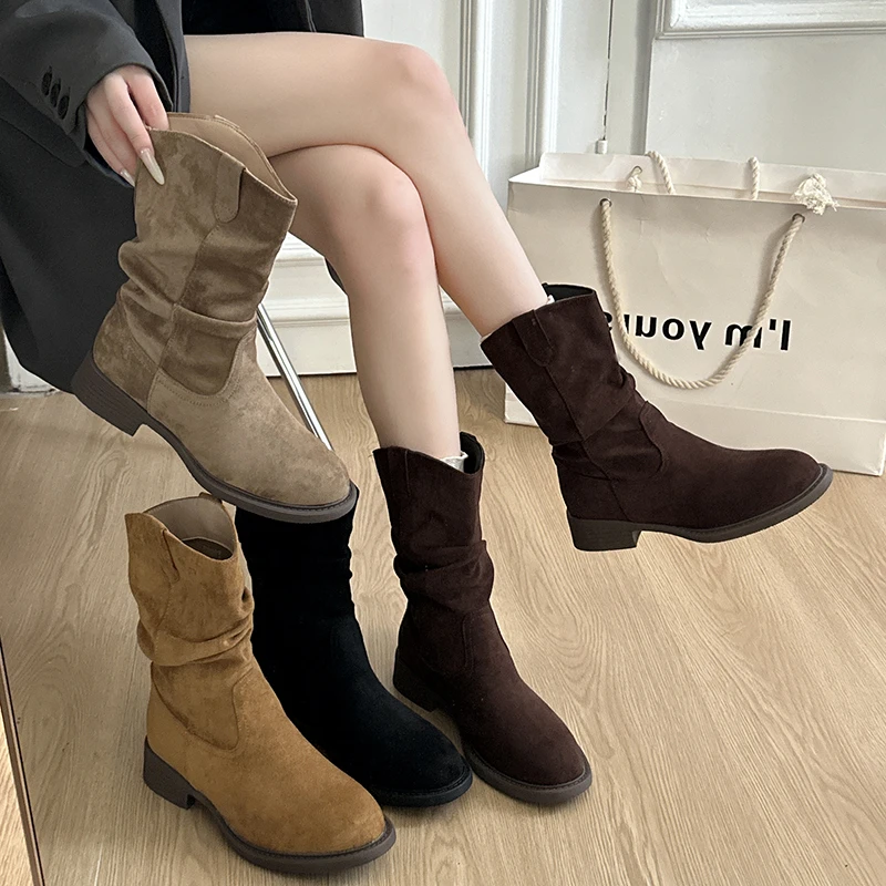 

Модные и высококачественные замшевые ботильоны на среднем каблуке, квадратная женская обувь, хит продаж 2025, весенне-осенние женские ботинки