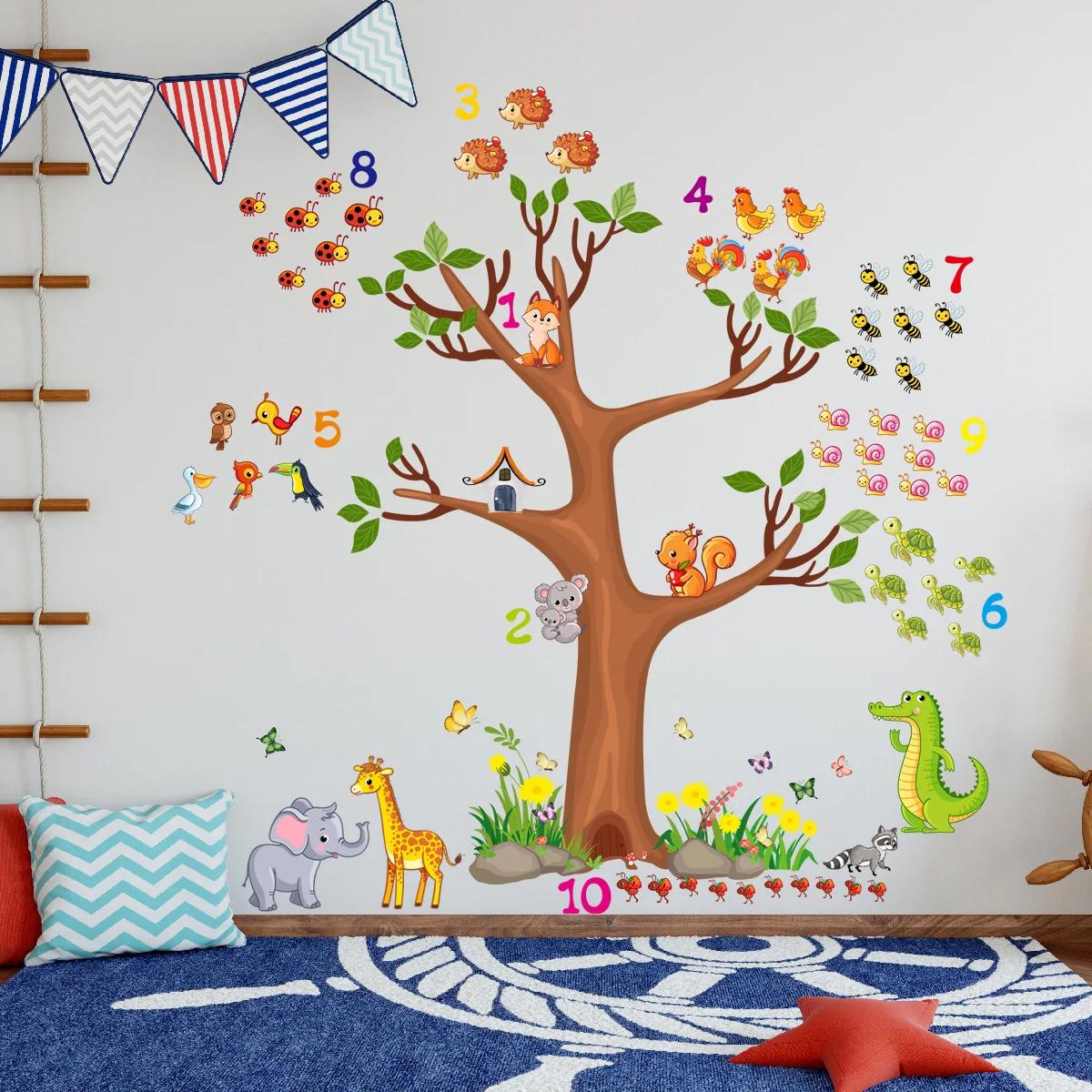 Mural de pájaro de árbol grande para habitación de niños, pegatina de pared de animales de dibujos animados, autoadhesiva, decoración de jardín de