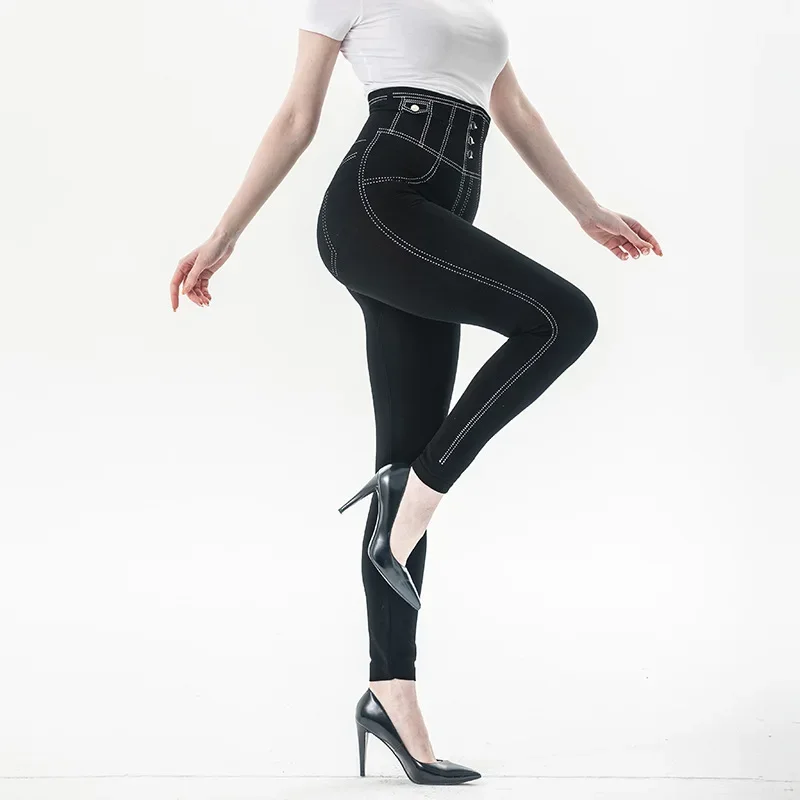 Leggings de ginástica sem costura de cintura alta para mulheres, leggings sexy girl retração, spandex casual, modal preto, botão