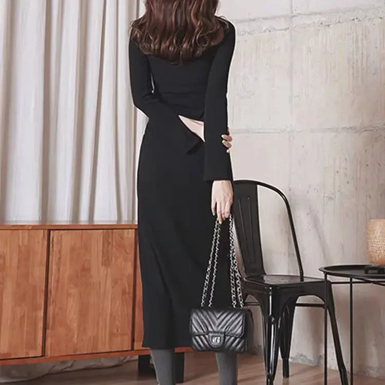 Office Lady Fashion Women\'s High Collar Casual Split Solid Color Sleeveless Bodycon 2024 New Solid Color Long Dress T513