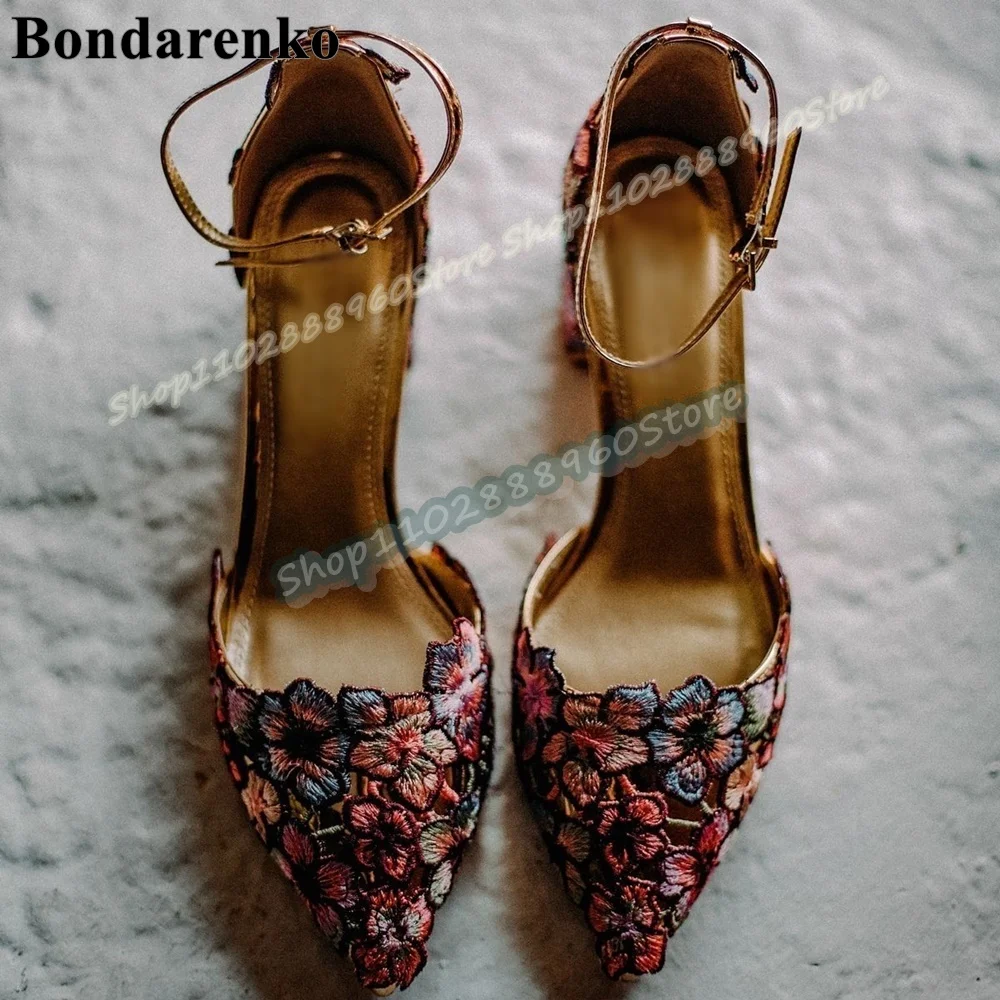 

Trendy Mixed Metallic Appliques Pointy Sandals Block Heel Shoes For Women Ankle Buckle Strap Pointed Toe Fashion Women Sandals