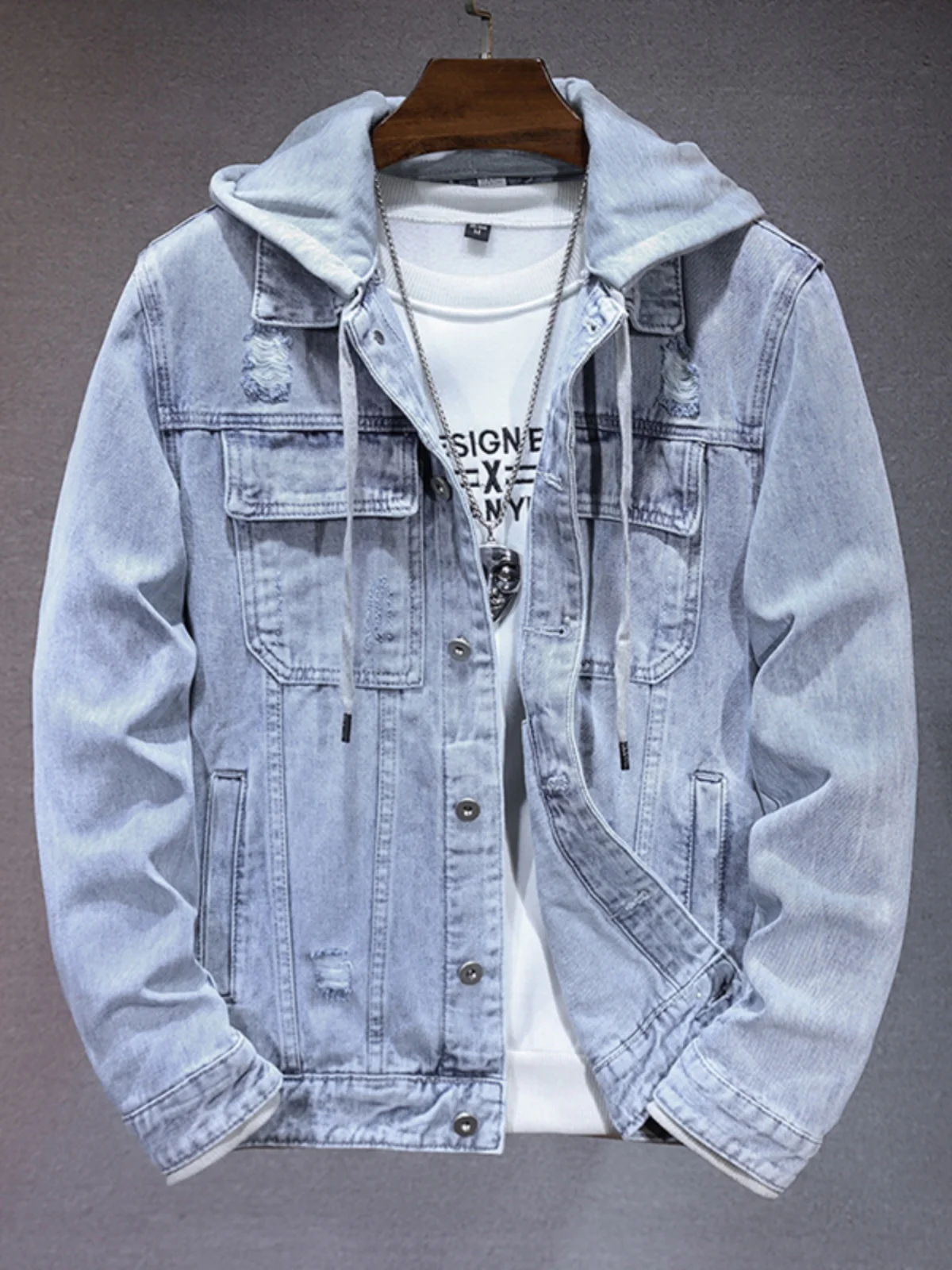 

Spring Autumn Men's Hooded Denim Jaet Multi-ket Light Blue Jeans Jaet Trendy Brand Casual Loose Fit Outerwear