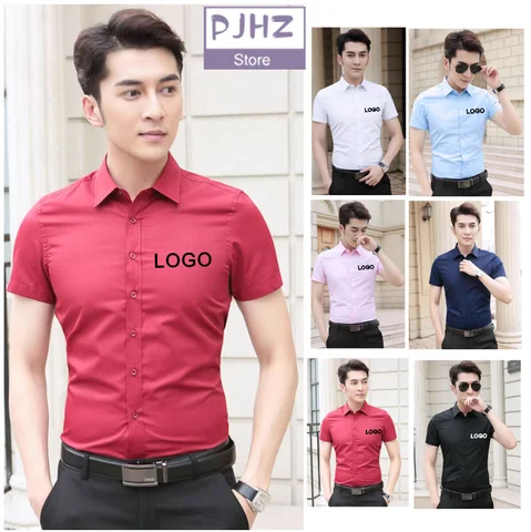 Camisa profissional antirrugas, camisa casual de manga curta com logotipo personalizado, camisa bordada, uniforme de trabalho, roupa formal