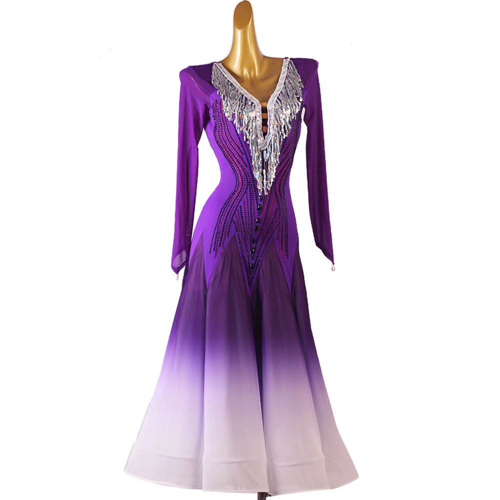 Red Waltz Dress Women Gradient Modern Dance Dress Black Dance Competition Costume Purple Women's Ballroom Dresses Long Sleeves