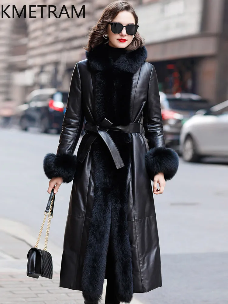 KMETRAM Real Sheepskin Leather Down Coat Long Fashion Fur Coats Hooded Women Winter Top Clothing 2025 куртка кожаная женская