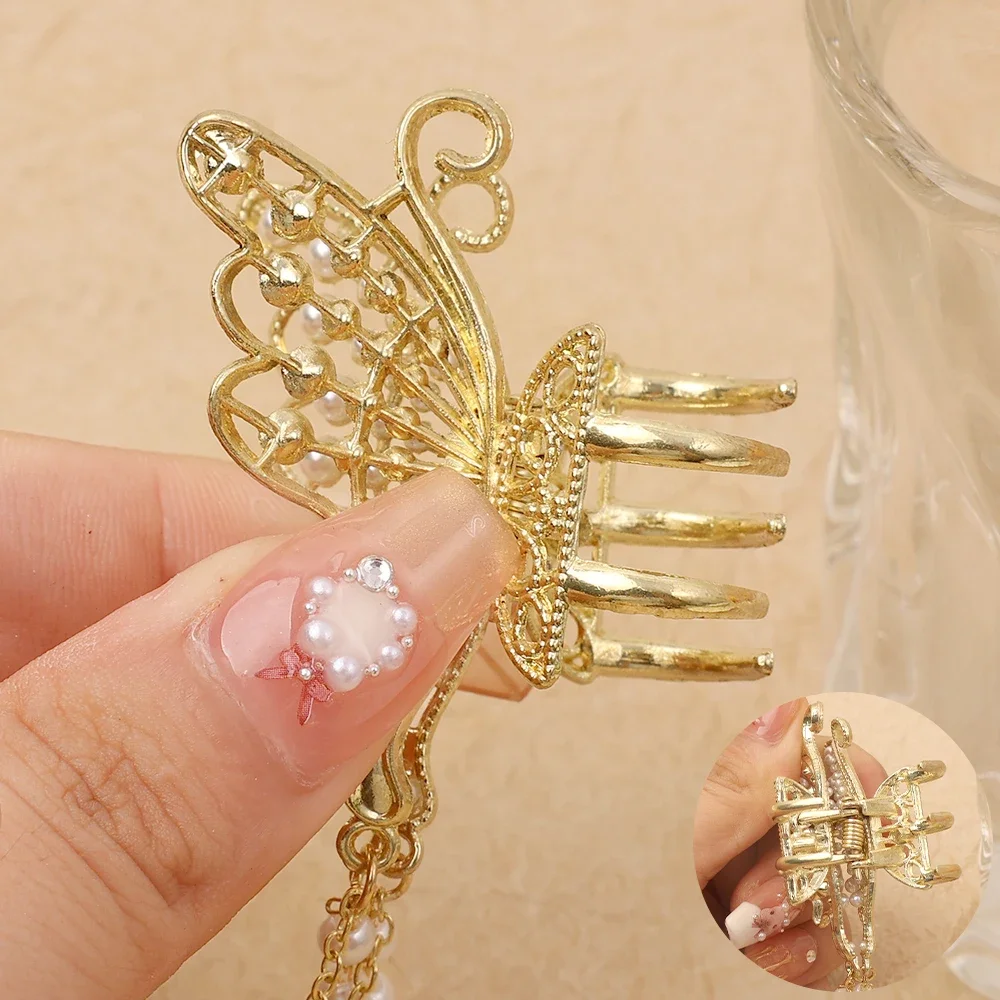 Fashion Female Butterfly Pearl Tassel Hair Claw Rhinestone Clip Korean Simple Shark Ponytail Crab Clip Girls Hair Accessories