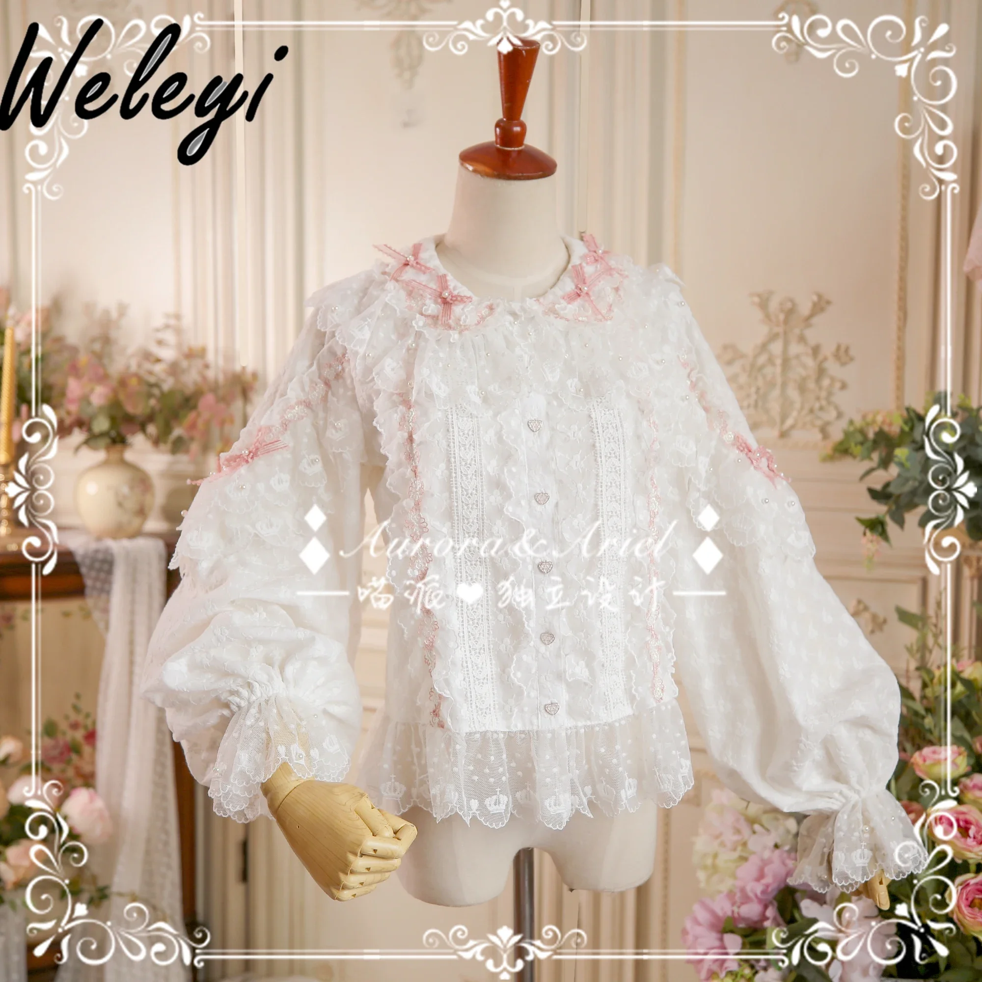 

Lolita Jirai Kei Bubble Pearls Cotton Embroidered Shirt Ladies Tops Sweet Fall Kawaii Long Sleeve Lace Beads Bow Blouse Woman