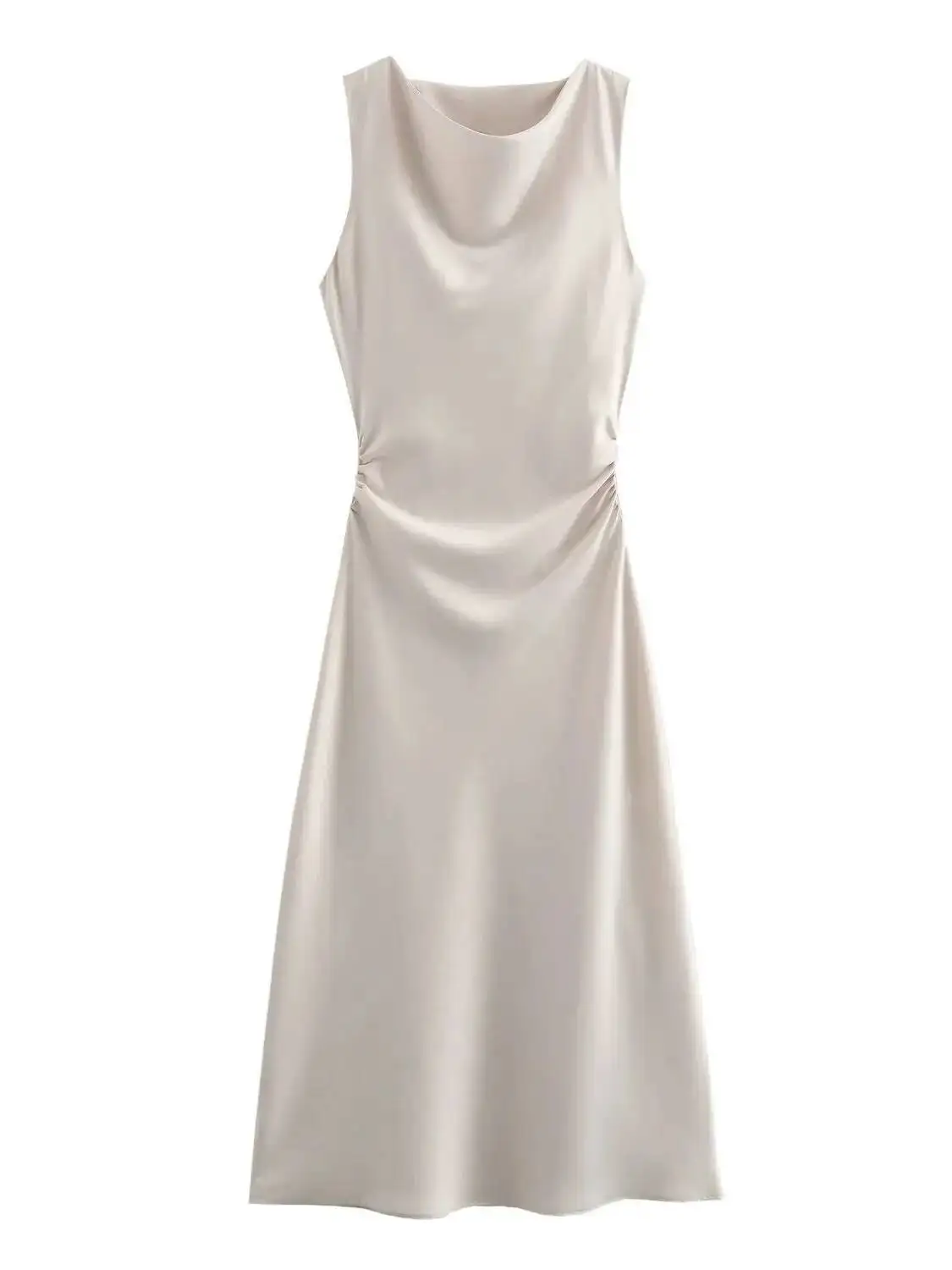 ชุดเดรสผ้าซาตินแฟชั่นผู้หญิง XNWMNZ 2024 คอทรงโอ แขนบิด จับจีบเอว ทรงเข้ารูป ความยาวปานกลาง