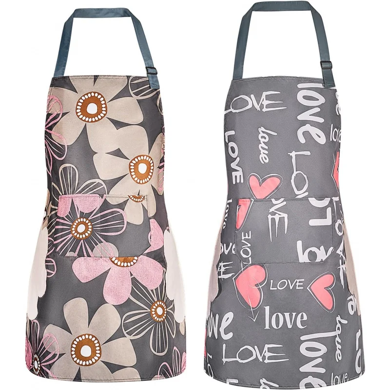 

2 Pack Floral Aprons with Pocket Blooming Womens Waterproof Adjustable Cooking Aprons Kitchen Gardening Salon