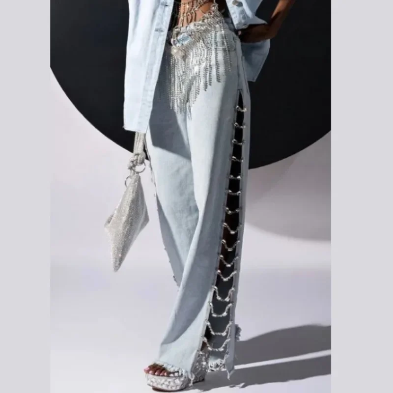 Women Denim Long Jeans with Drill Chains Straight Wide-leg Jeans High Waist Ripped Jeans for Women Summer Thin Side Slit Pants