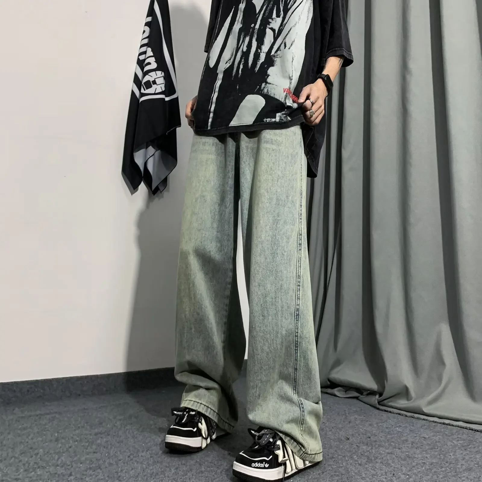 جينز فضفاض للرجال صيفي على الطراز القوطي هاراجوكو أساسي يومي عالي الشارع بسيط كامل الطول بنطلون دينم ملابس للمراهقين الهيب هوب مريح BF
