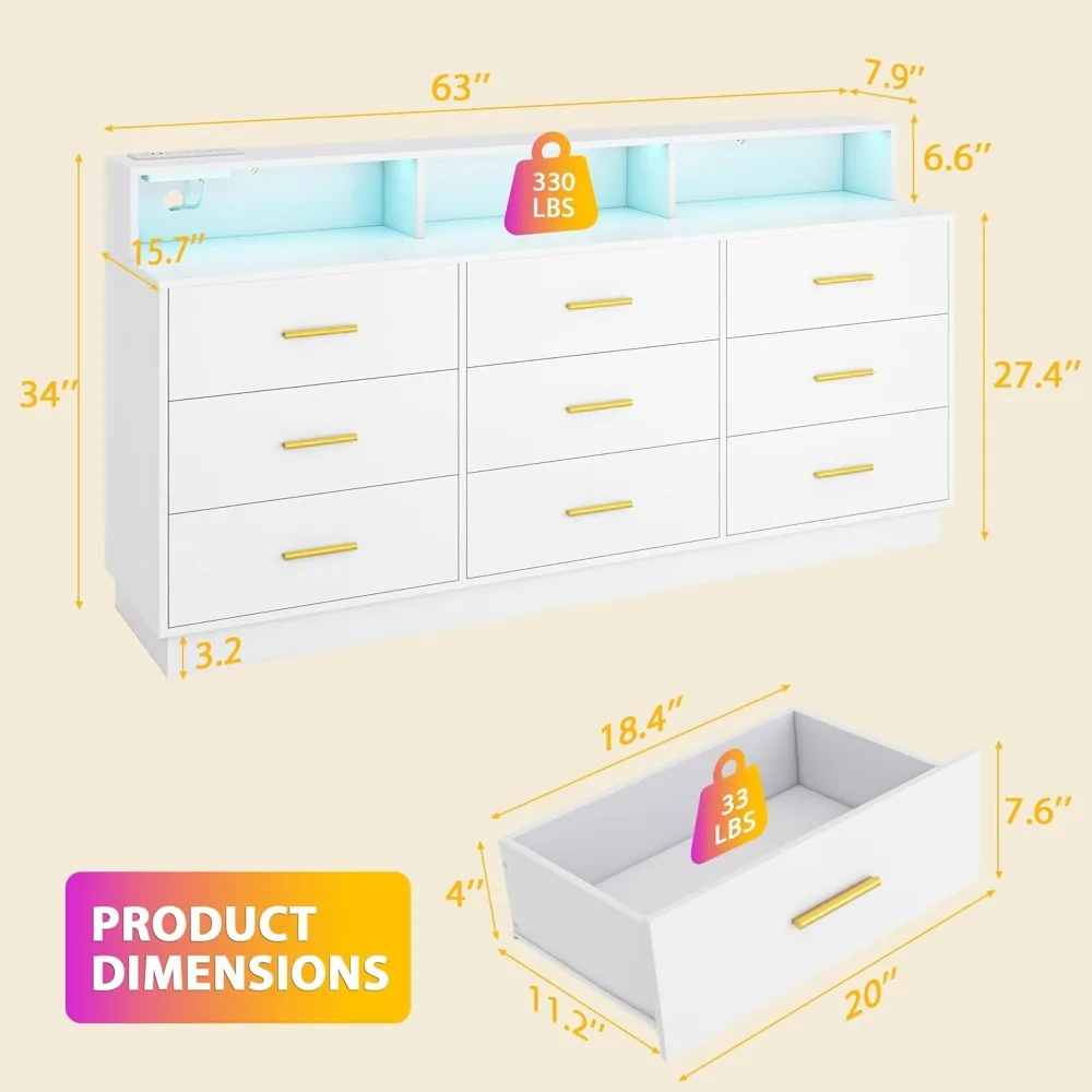 9 Drawer Dressers for Bedroom Modern Dresser with LED Light and Power Outlet Wooden Dresser