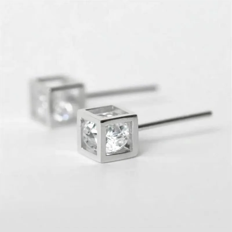 

925 Pure Silver Stud Earrings Square Three Dimensional Geometric Minimalist Cube Korean Version Fashionable Earrings for Women