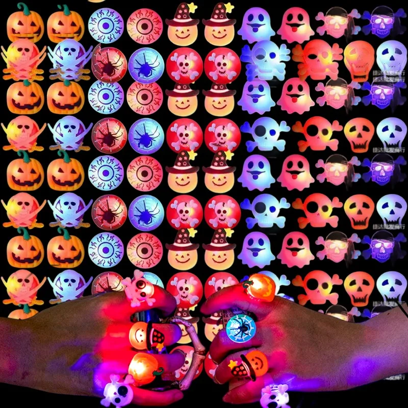 10/100Pcs Halloween Luminous Rings Toy Kids Gift Creative Children Finger Rings Toys Ghost Skull LED Lights Jewelry Party Gifts