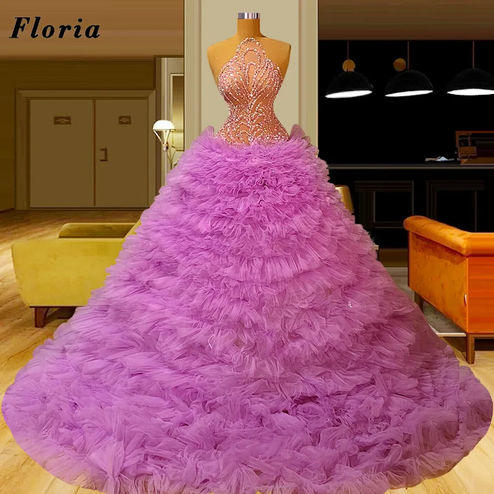 

Haute Coutures Pink Tiered Evening Dresses With Beading 2022 Luxury Long Crystals Prom Dress Robes De Soiree Puffy Wedding Dress