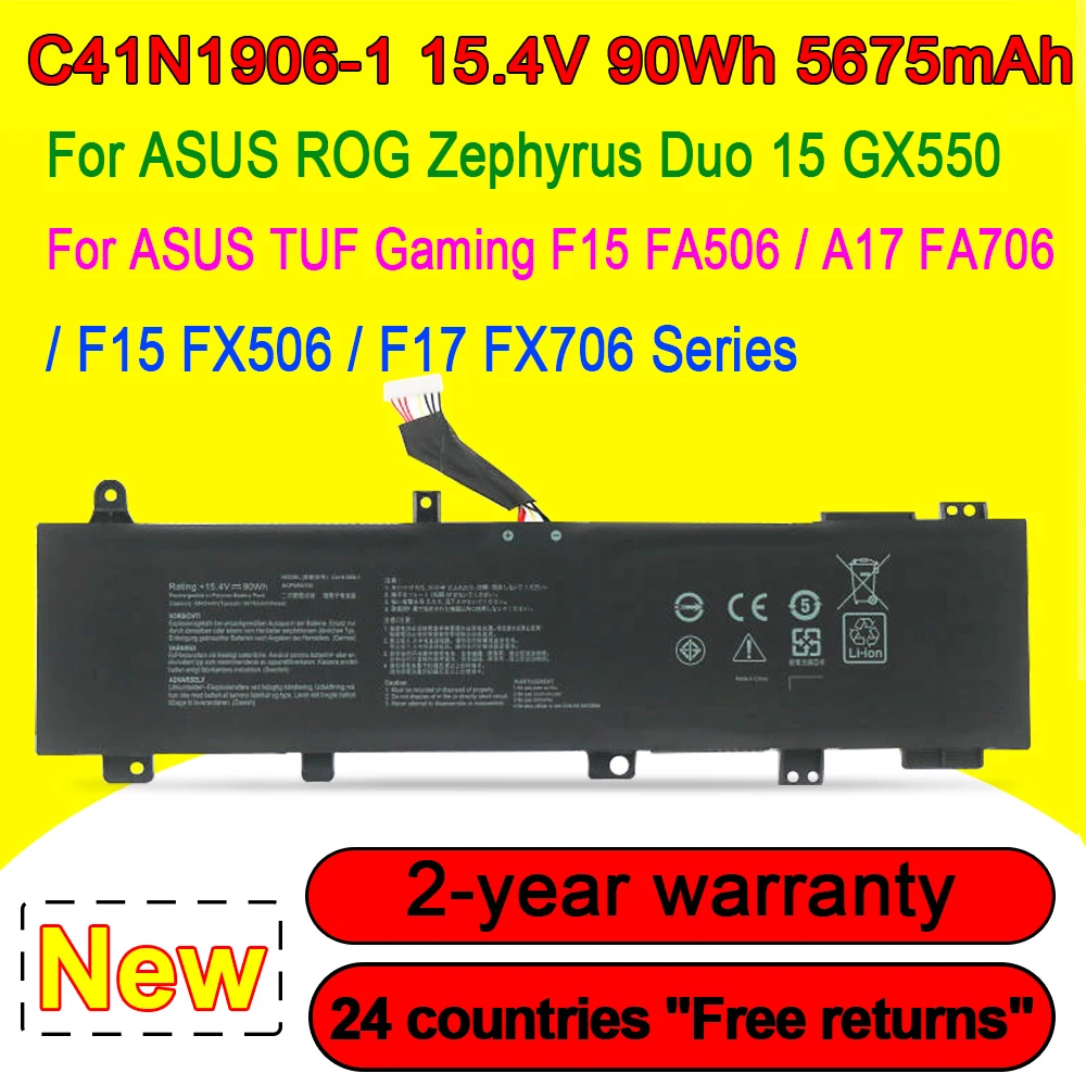 

New C41N1906-1 Laptop Battery For ASUS TUF Gaming F15 FA506II FX506H,A17/F17 FA706,ROG Zephyrus Duo 15 GX550,4ICP5/63/133 90Wh