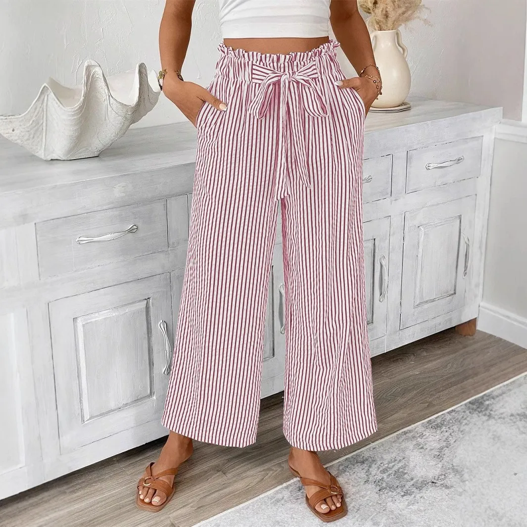 Summer Women Pants Striped Loose Fit Trousers High Waist Paperbag Waist Casual Pants Black And White Striped Straight Leg Pants - view 4