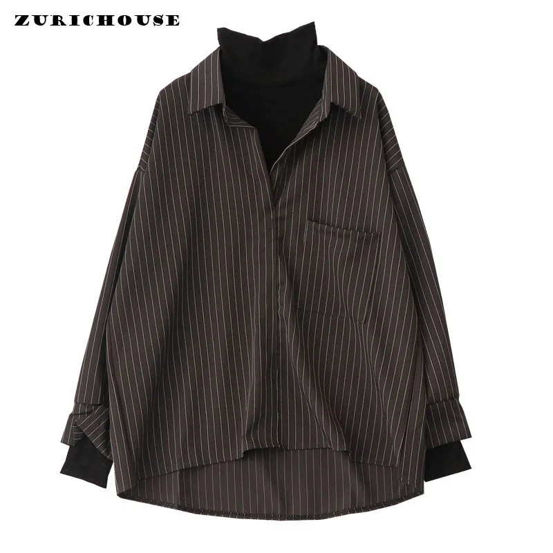 

ZURICHOUSE Striped Shirts Women Spring Summer Fashion Fake Two Piece Patchwork Knitted Turtleneck Long Sleeve Blouses Tops