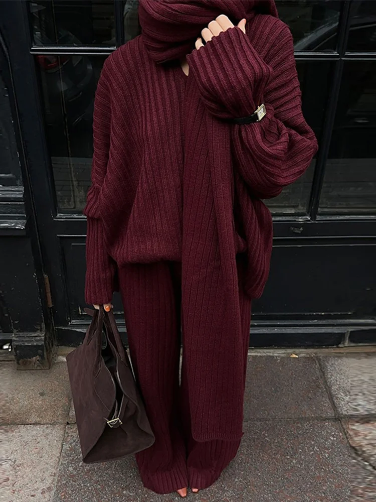 Elegant Knit Burgundy Red Set With Scarf Women Autumn Long Sleeve V-neck Loose Top Set 2024 Fashion Elastic Wide Leg Pants Suit