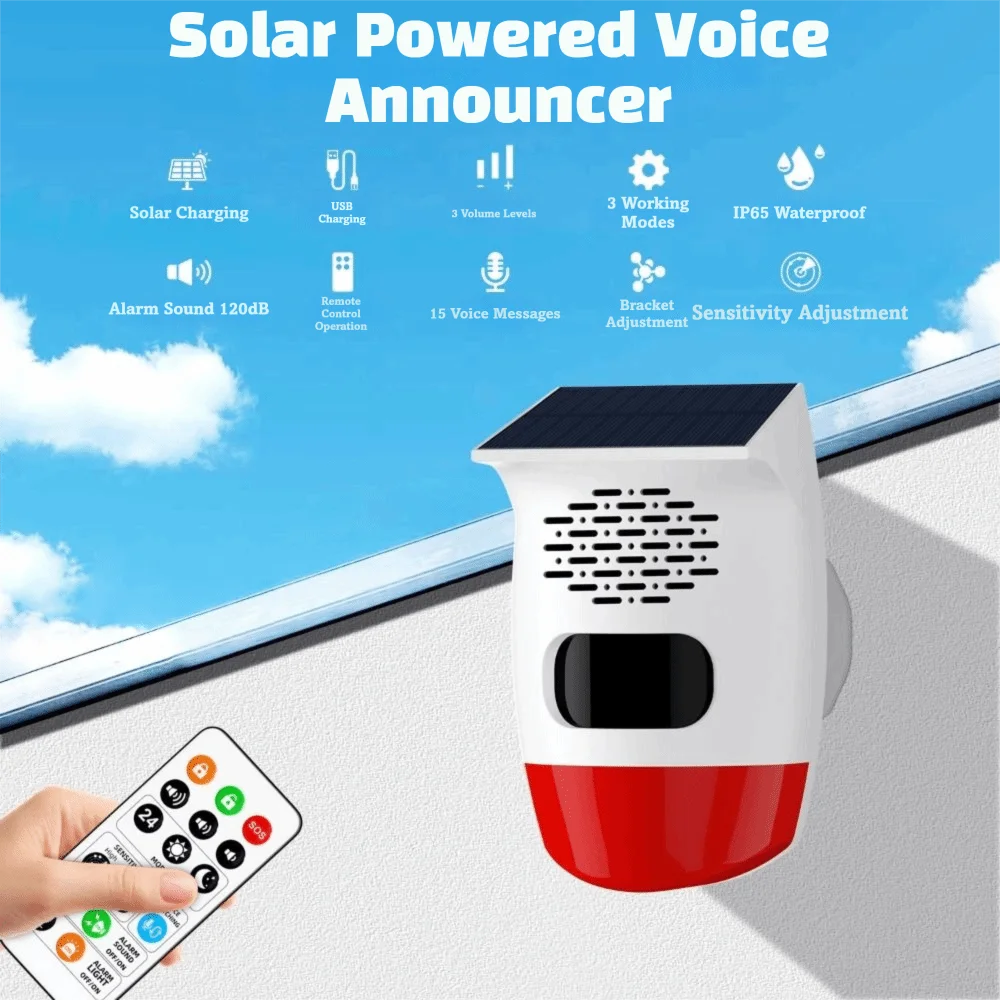 Waterproof Solar Alarm Multifunctional Rechargeable Solar Charging Alarm Animal Deterrent Sound Alarm Solar Lamps Home Security