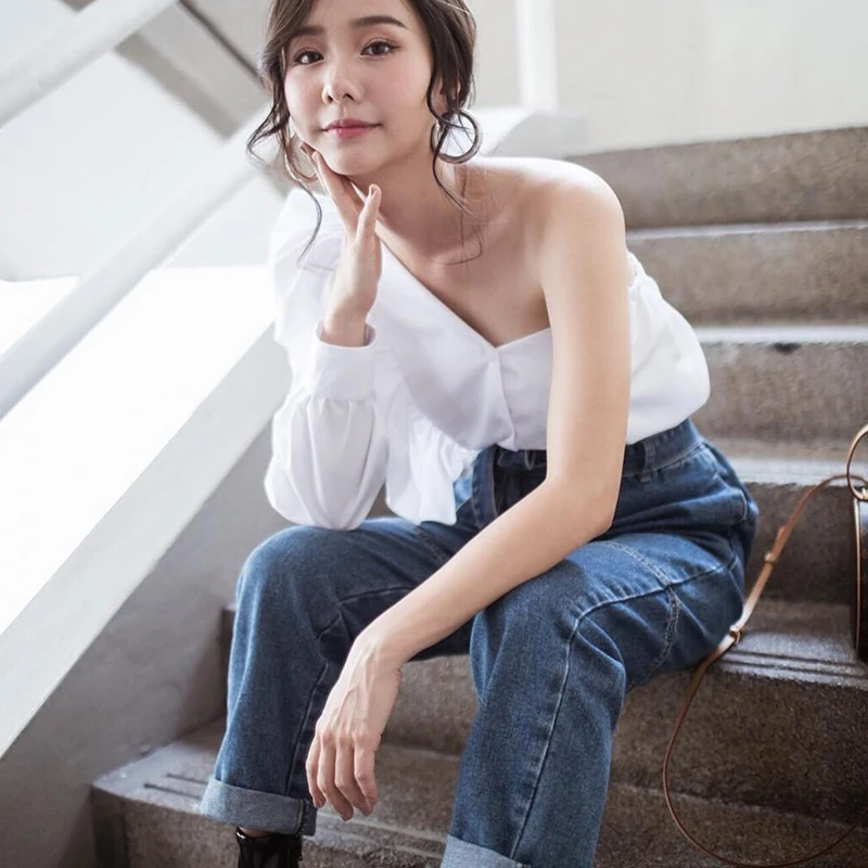 Sloping Solid Color Shoulder Collar Top Ruffled Shoulders Shirt One-sleeve Fashion Y2k Top Single-breasted Clothes for Women