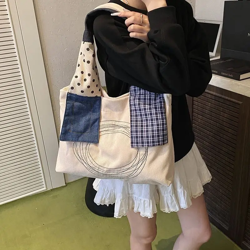 2026 Korean Color Blocking Splice Bags Daily Commute Outer Class Zipper Shopping Bag