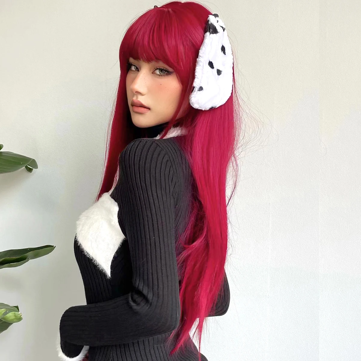 HAIRCUBE Wine Red Long Straight Synthetic Wigs With Bangs for Black Women Cosplay Christmas Wigs Heat Resistant Natural Hair