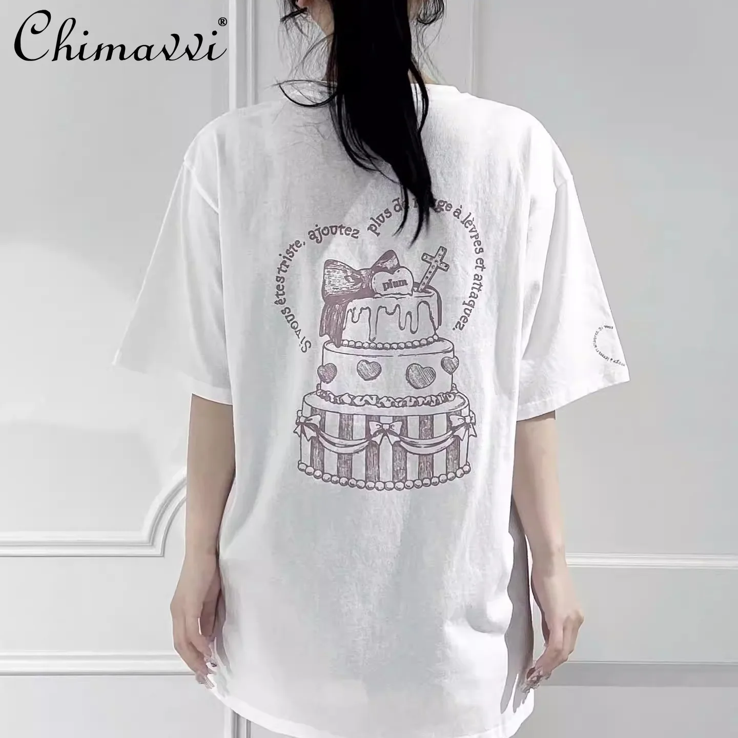 Japanese Sweet and Cute Cake Print Short-sleeved Loose OversizeT-shirt 2025 Summer New Fashion Kawaii Girl Women's Y2k Top