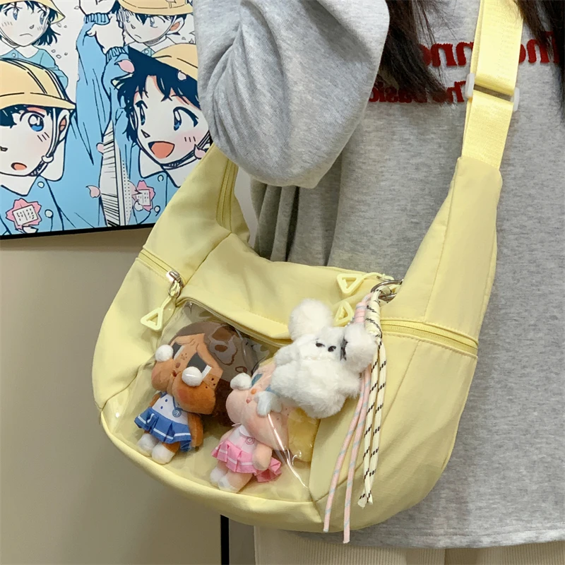 Cute Pastel Pink Crossbody Bag Transparent Pocket Anime Merch Display Bag with Plush Charm Casual Daily Shoulder Bag for Women