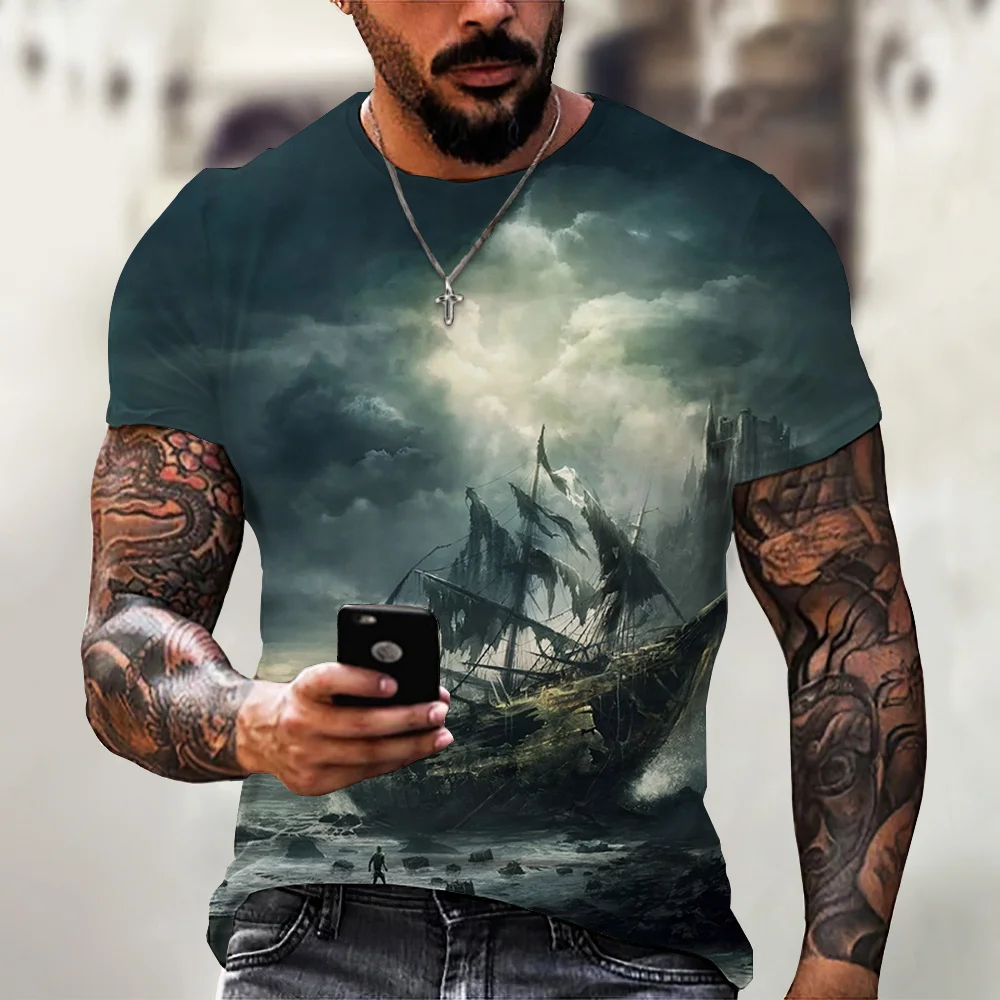 Camisetas Vintage de barco para hombre, Camiseta de manga corta con cuello redondo y estampado 3D de barco pirata para hombre, camisetas de gran