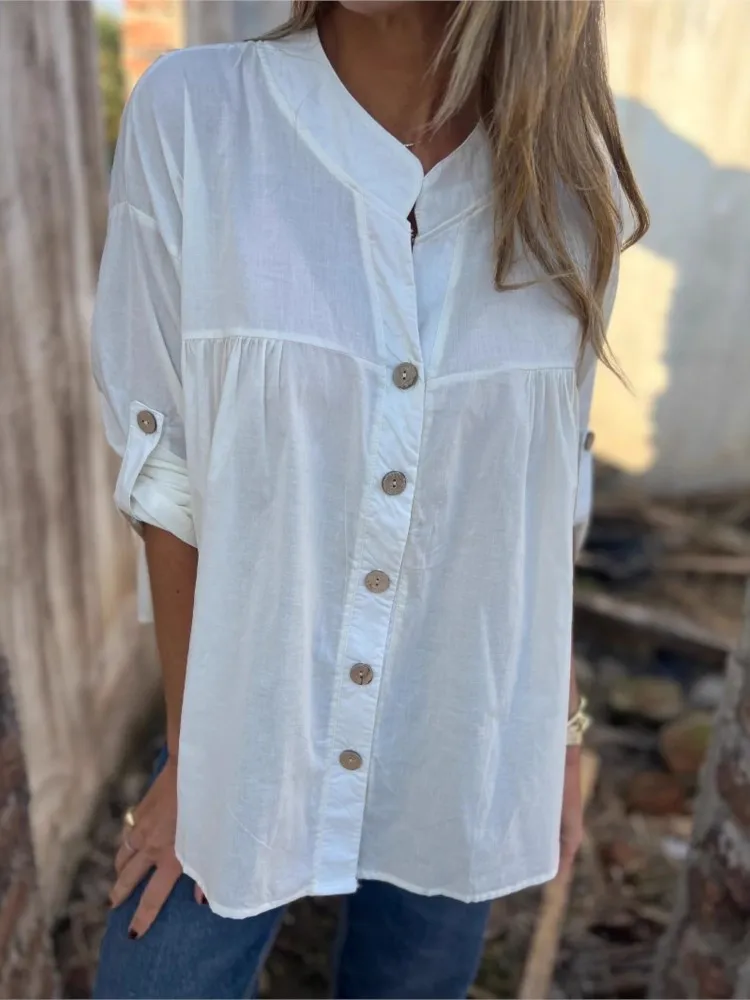 

Casual Solid Shirt Top Lady Fashion Long Sleeve Stand Neck Button Shirts Tops For Women Holiday Office Womens Clothing Autumn
