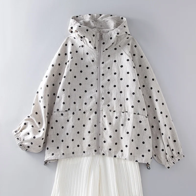 

Новая весенняя свободная женская толстовка на молнии в горошек с длинными рукавами и капюшоном, удобная дышащая повседневная куртка