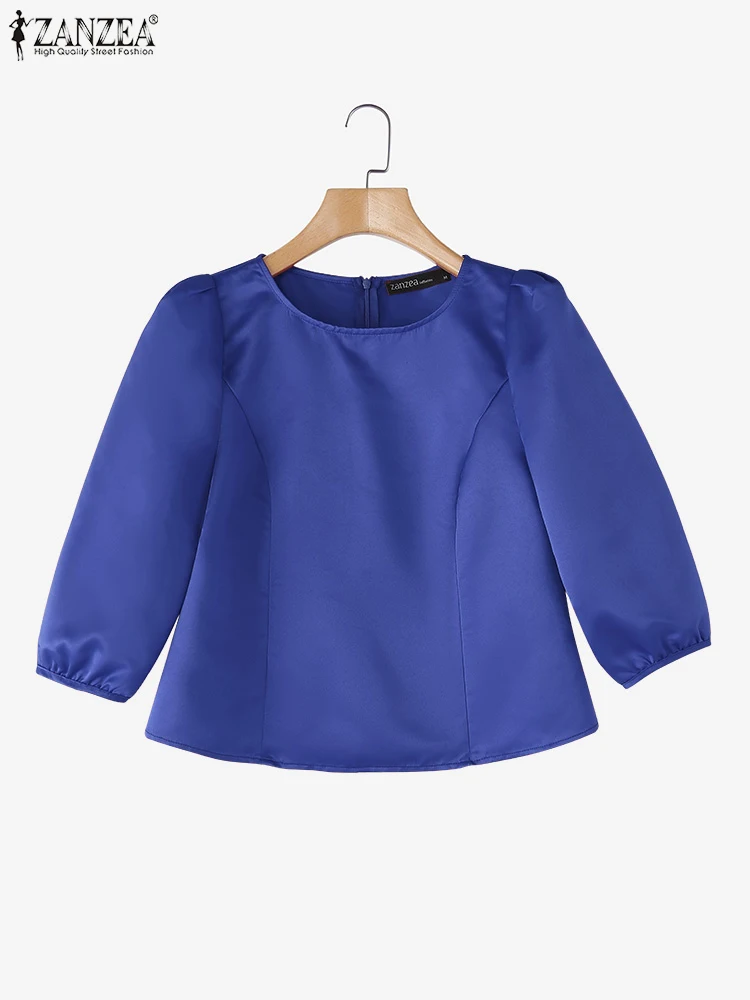 

ZANZEA Women Fashion Satin Blouses 2025 Autumn 3/4 Lantern Sleeve Korean Shirts Elegant Office Lady Tunic Tops Solid OL Blusas