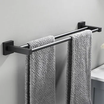 Estante doble para toallas de baño de aluminio negro mate, soporte para toallas de baño, barra colgante, diseño cuadrado, toallero, accesorios de baño