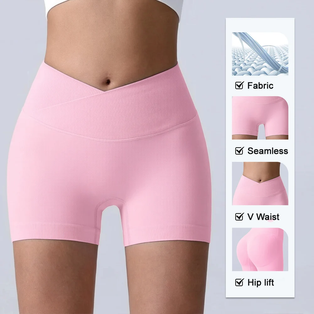 Crossover V Waist Yoga Shorts Women Seamless Scrunch Bum Workout Gym Shorts High Stretch Running Pilates Booty ShortS