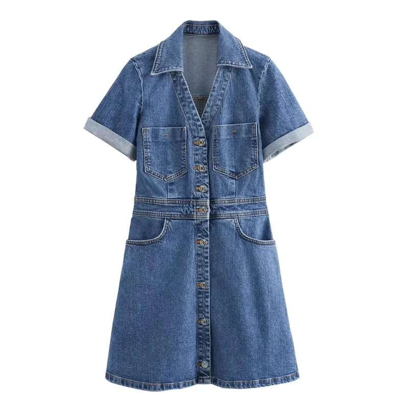 TRAF Blue Denim Dress Woman Faded Jean Mini Shirt Dress Women Short Sleeve Summer Dresses 2024 Young Girls Casual Short Dresses