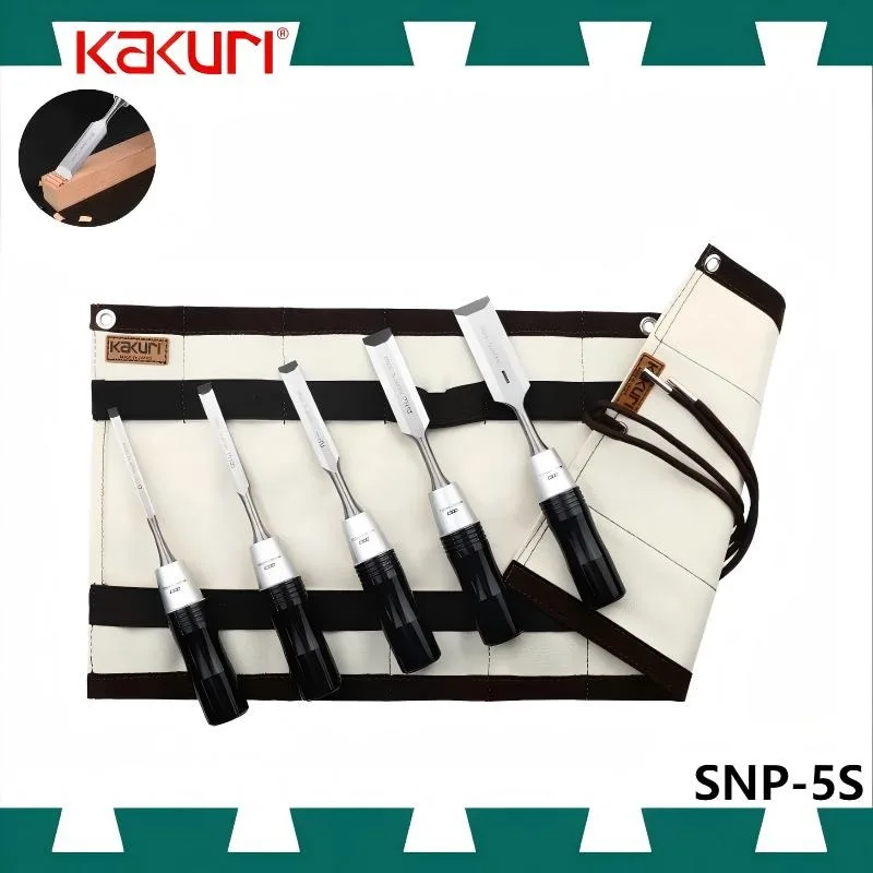 

KAKURI SNP-5S Japanese Chisel Set - 5-Piece with Storage Bag, Flat Chisel & Spade for Woodworking DIY
