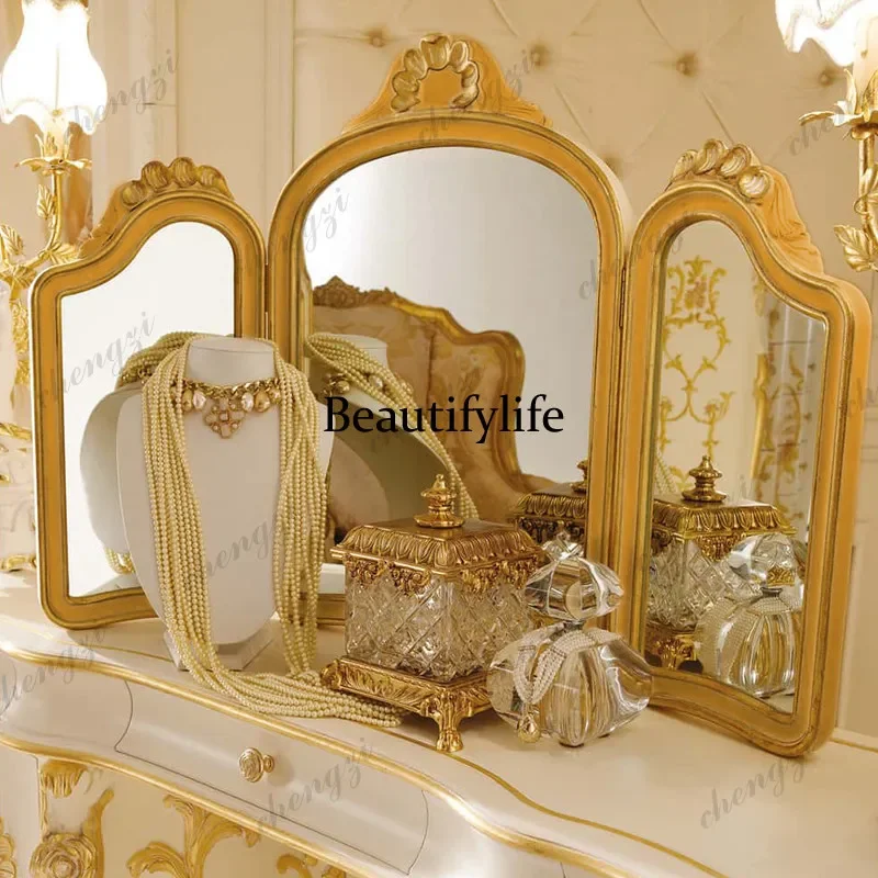 Beautiful European court style carved makeup mirror French princess style dresser tri-fold mirror