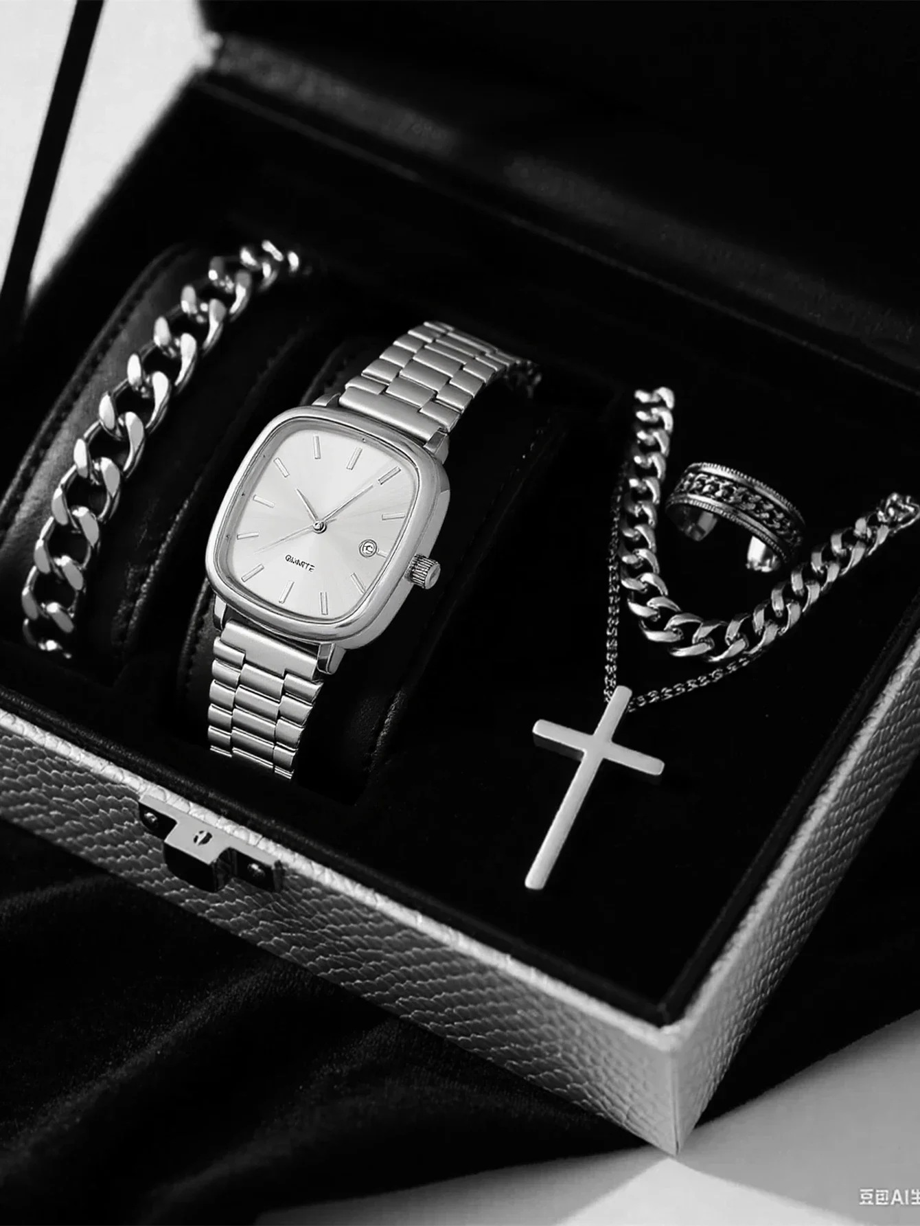 

Без подарочной коробки, часы со стальным ремнем, ретро, серебряные, настоящие квадратные кварцевые наручные часы, крест, видео, набор из 4 предметов