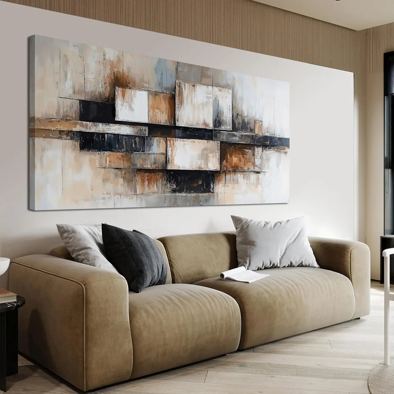 29 X 58 Inch Oversized Beige Black Geometric Abstract Wall Art Prints, Large Geometric Line Art Wall Decor for Living Room Bedroom Office Indoor Wall Display