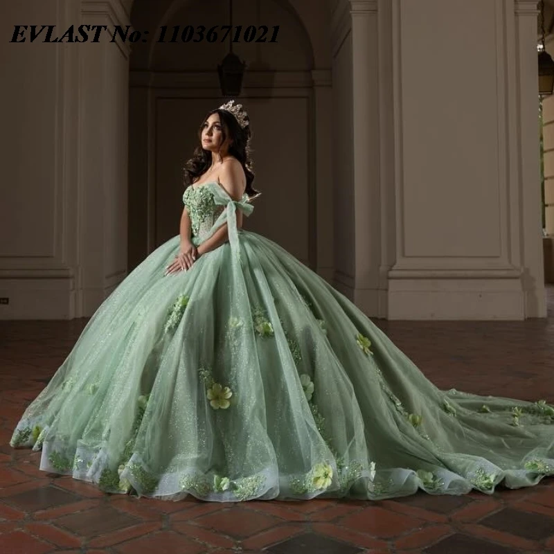 Evlast Mexican Mint Quinceanera Jurk Baljurk Glanzende 3d Gebloemde Kanten Kralen Korset Sweet 16 Gown Vestidos De Anos Sq386