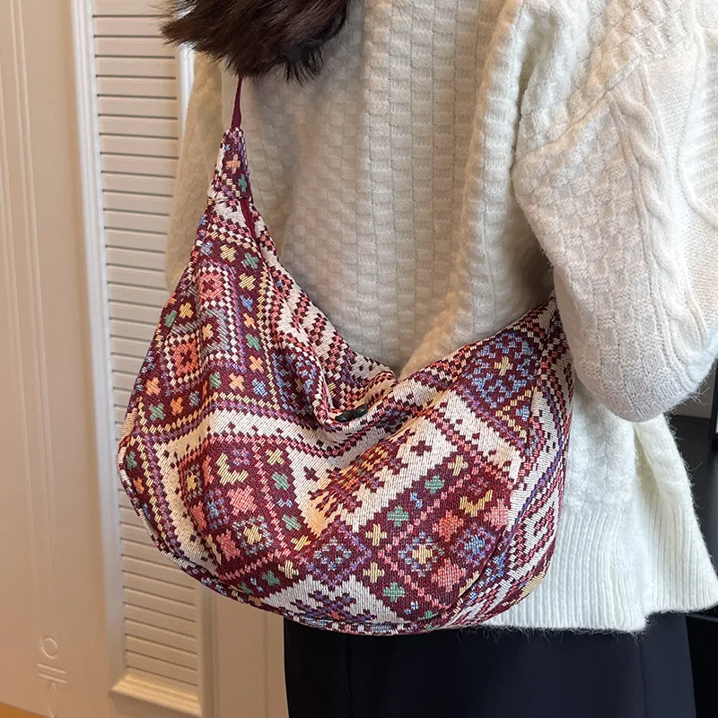 

Large capacity ethnic style dumpling bag women color canvas crossbody bag women soft shoulder bag