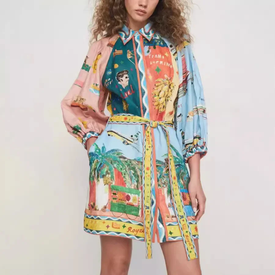 

Spring and Autumn New Printed Seven Quarter Sleeve Lace Up Dress INS Casual Loose Dress for Women Vestidos De Tricô Femenino