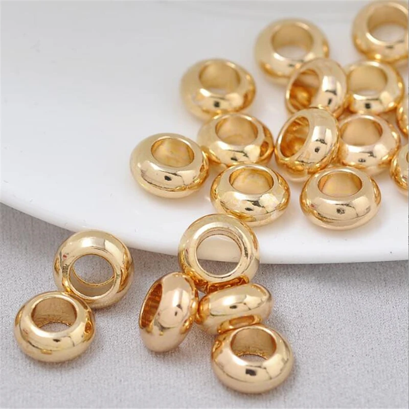 10 Pieces New Real Gold Plated Brass Big Hole Wheel Oval Spacer Beads Loose For DIY Necklace Bracelet Jewelry Making Accessories