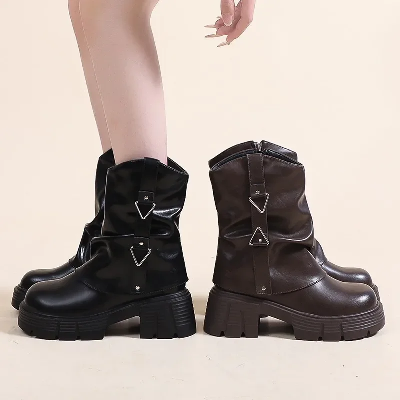 Women's Shoes 2024 Brand Side Zipper Women's Boots Fashion Round Toe Modern Boots Women Hot Sale Metal Decoration Mid-Calf Boots