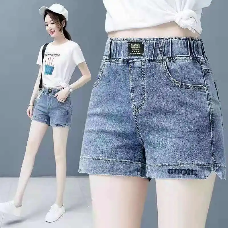 2024 Summer New High Waist Denim Shorts Women's Korean Edition Large Size Slim Elastic Wide Leg Pants Embroidered Hot Pants For